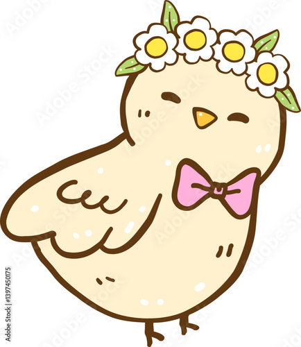 Cute little Bird with flower crown Cartoon Hand Drawn