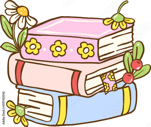 Cute Spring Book Stack Cartoon Hand Drawn