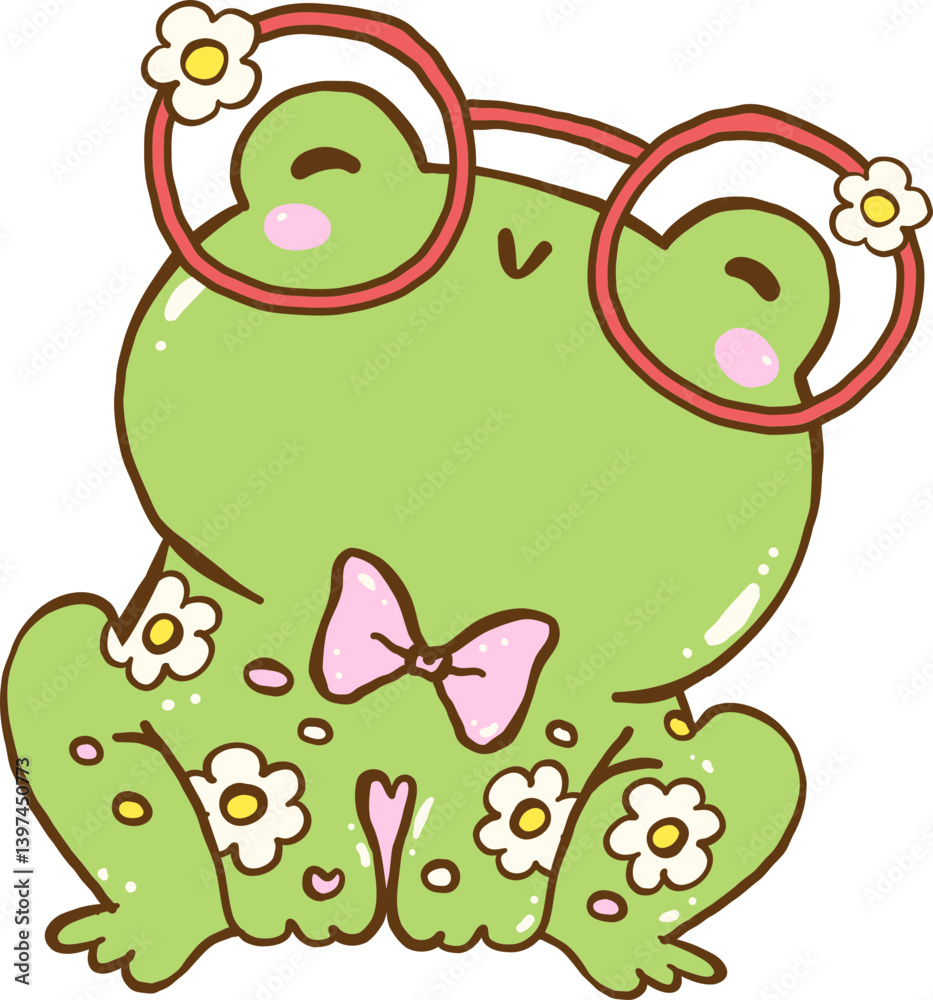 Naklejka premium Cute Frog Spring Cartoon Hand Drawn