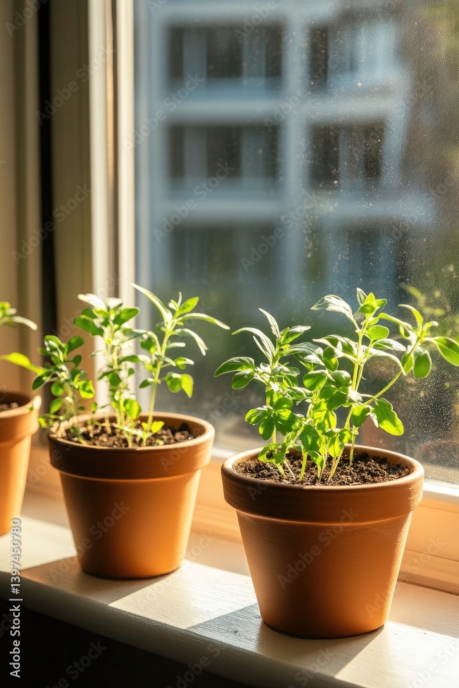 Sunlight bathes green plants in terracotta pots, creating vibran Sunlight bathes green plants in terracotta pots, creating vibran