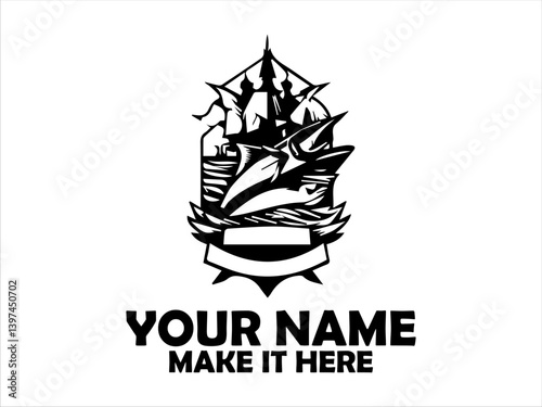 Detailed emblem featuring a frigate tuna fish, flanked by nautical and naval elements like wings, anchors, marine concept, tuna fish vector design and illustration tuna fish logo
