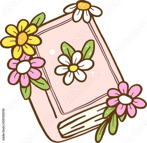 Cute Spring reading close Book with flowers Cartoon Hand Drawn