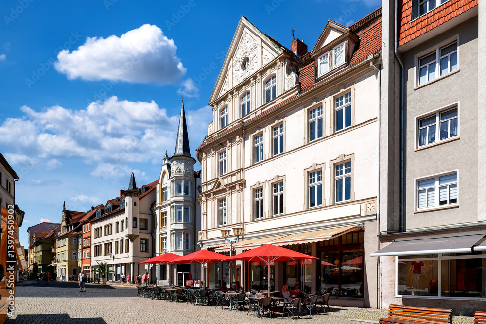Historic market square with cafés and ornate facades in the old town of Gotha, Thuringia