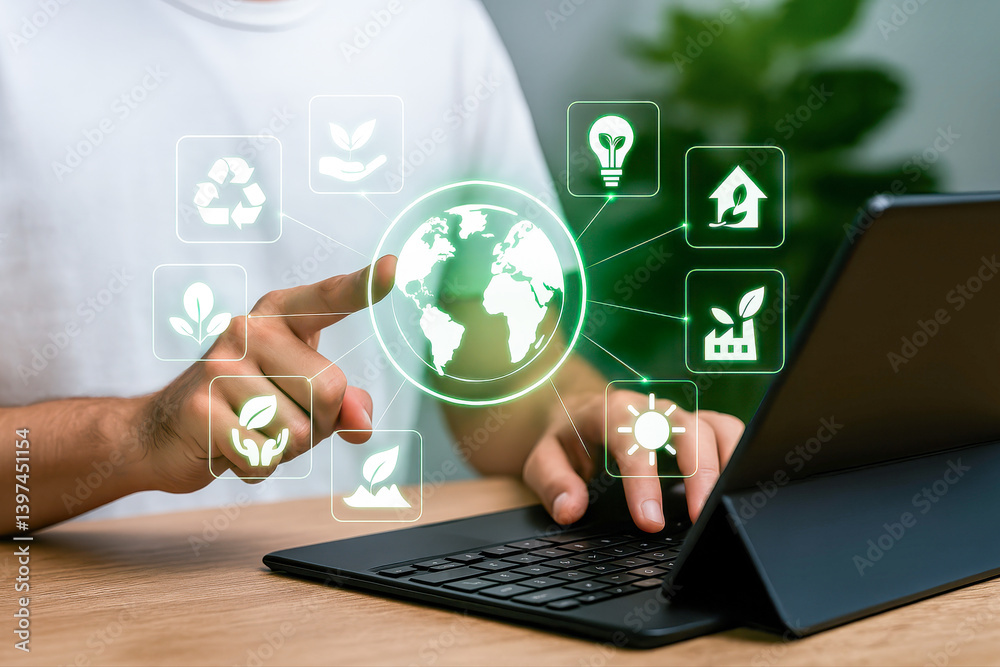 Businessman interacting with digital tablet and virtual globe, exploring various green technologies for environmental conservation and sustainability