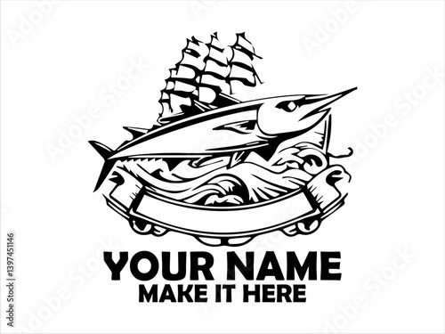 Detailed emblem featuring a frigate tuna fish, flanked by nautical and naval elements like wings, anchors, marine concept, tuna fish vector design and illustration tuna fish logo