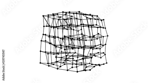 Big data neural network wireframe mesh box cube with dot and lines. Analysis of information. Visual data infographics design. Science technology. Digital Data Available in 4K video render footage.
