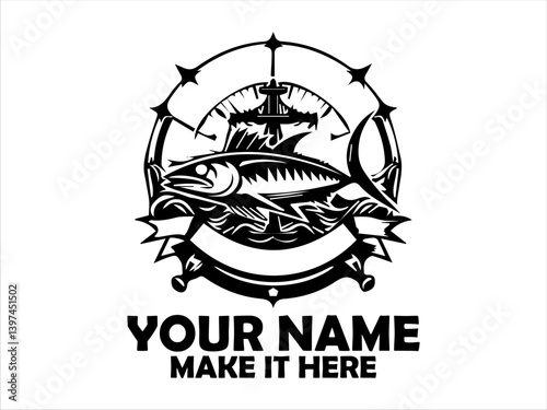 Detailed emblem featuring a frigate tuna fish, flanked by nautical and naval elements like wings, anchors, marine concept, tuna fish vector design and illustration tuna fish logo