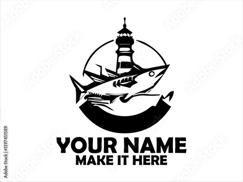 Detailed emblem featuring a frigate tuna fish, flanked by nautical and naval elements like wings, anchors, marine concept, tuna fish vector design and illustration tuna fish logo