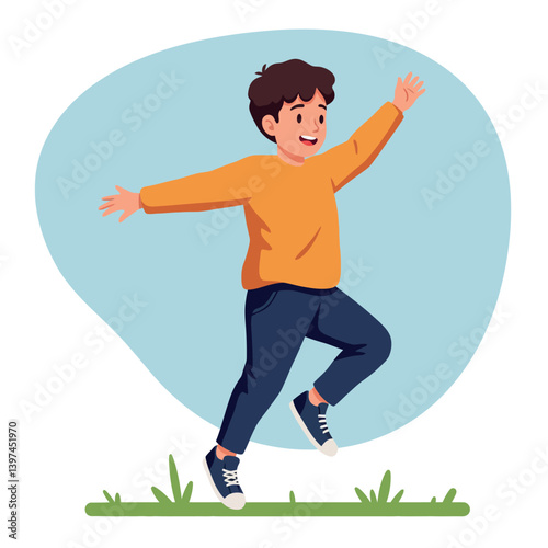 A joyful boy in a vibrant orange sweater playfully skipping across a grassy field in a flat style vector illustration