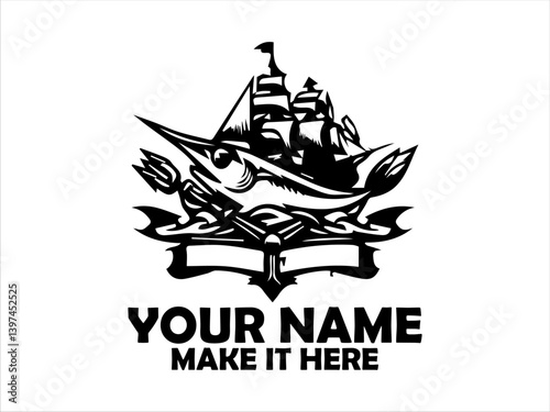 Detailed emblem featuring a frigate tuna fish, flanked by nautical and naval elements like wings, anchors, marine concept, tuna fish vector design and illustration tuna fish logo