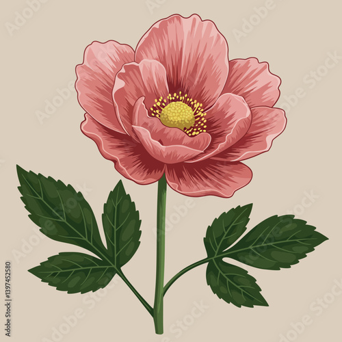 A beautifully detailed pink peony flower with vibrant yellow center and lush green leaves in a flat vector illustration style, perfect for floral designs and decoration vector art