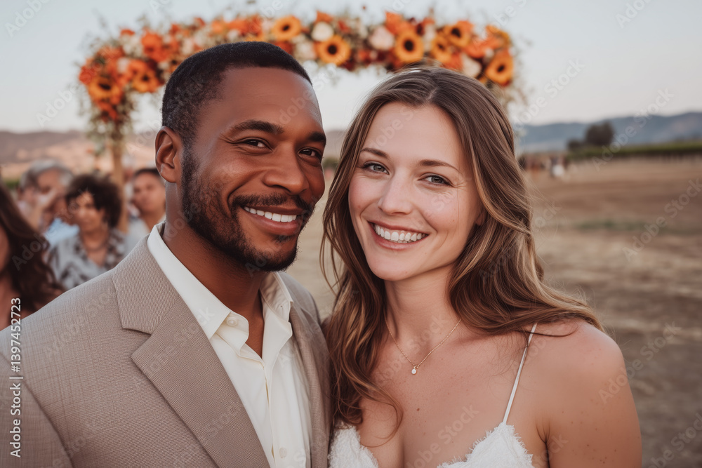 Smiling interracial couple posing together at outdoor wedding ceremony with floral arch and scenic landscape in background for love, celebration, diversity or romantic lifestyle themes Smiling interracial couple posing together at outdoor wedding ceremony with floral arch and scenic landscape in background for love, celebration, diversity or romantic lifestyle themes