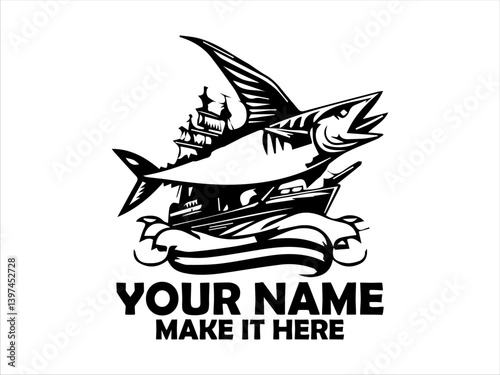 Detailed emblem featuring a frigate tuna fish, flanked by nautical and naval elements like wings, anchors, marine concept, tuna fish vector design and illustration tuna fish logo