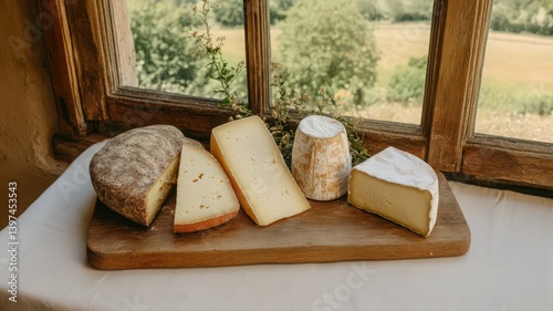 Obraz na płótnie Variety of Cheeses on Rustic Wooden Board by Window w salonie