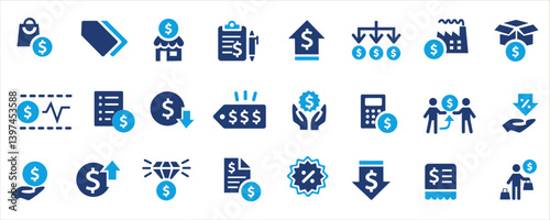 Solid vector icons collection.Price icon set. Product, price tag, cost, quotation, invoice, estimate, discount and more. Vector illustrarion