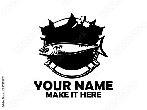 Detailed emblem featuring a frigate tuna fish, flanked by nautical and naval elements like wings, anchors, marine concept, tuna fish vector design and illustration tuna fish logo