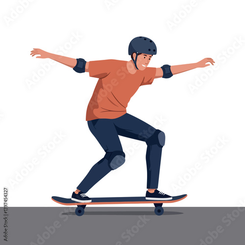 A young man performing a skateboard trick in a flat and minimal design style, showcasing excitement and skill in vector art