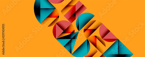 Abstract geometric composition. Overlapping shapes create dynamic visual flow. Warm orange background contrasts cool blues, reds, blacks. Modern design elements present.