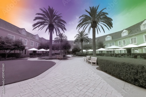 Black and white filtered architectural hotel walkway with palm tree silhouettes and symmetrical building lines evoking nostalgic atmosphere and structured design