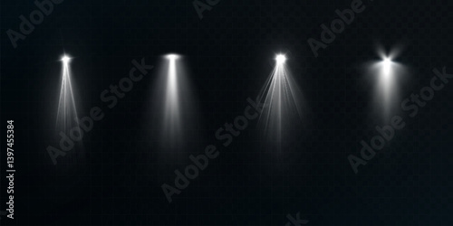 Set of white spotlight beams with soft glow and light dispersion on transparent dark background. Ideal for stage effects, show visuals, UI lighting, or theatrical design compositions.