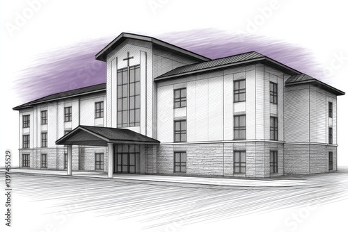 Black and white drawing of classical apartment complex with detailed roof and window frames symbolizing residential heritage and architectural sketch style
