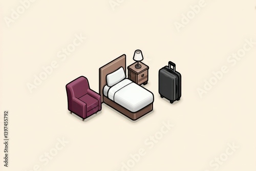 Flat style room interior with minimal furniture suitcase and bed objects placed in symmetric layout on beige background expressing simplified living space composition