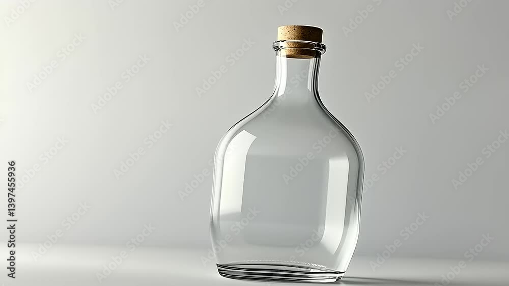 Clear glass bottle with cork stopper on a minimalist background, showcasing modern design aesthetics Clear glass bottle with cork stopper on a minimalist background, showcasing modern design aesthetics