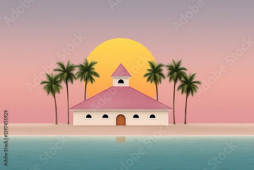 Pink island chapel with orange sunset behind in calm ocean waters representing peaceful romantic destination with religious architectural symbolism and scenic tropical environment