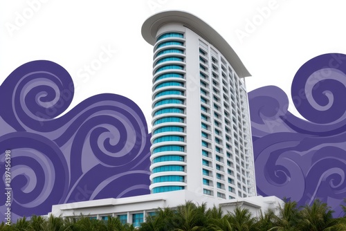Modern curved hotel tower with flowing lines and futuristic blue tinted glass against artistic sky in a stylized architectural resort mockup wallpaper format