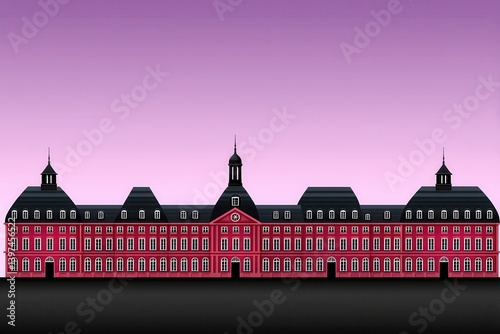 Dark pink symmetrical classical style building with large windows and towers appearing elegant and royal in evening light as architectural vector building 4k wallpaper