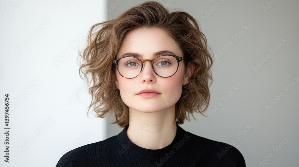 Obraz premium Young woman wearing eyeglasses, neutral expression, short curly hair