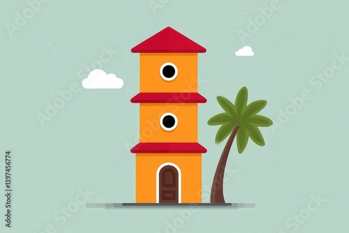 Red orange tower with clock and palm tree in flat vector illustration with minimal stylized design under daylight clear sky in architectural mockup style
