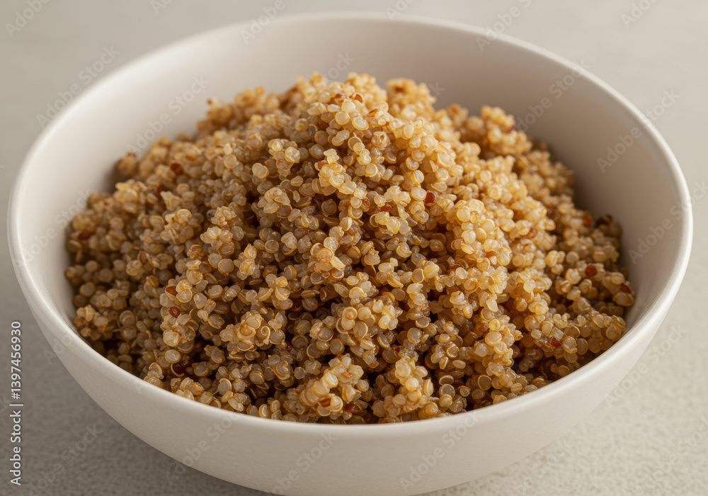 A white bowl overflowing with a serving of cooked quinoa, a healthy and delicious grain. A white bowl overflowing with a serving of cooked quinoa, a healthy and delicious grain.