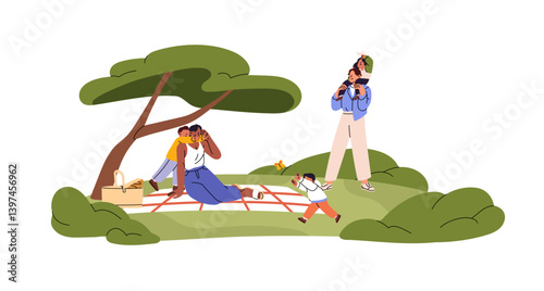 Happy family with kids has a picnic in park in summer. Parents and children play in nature together. Mother, father and boys have fun outdoors. Flat isolated vector illustration on white background.