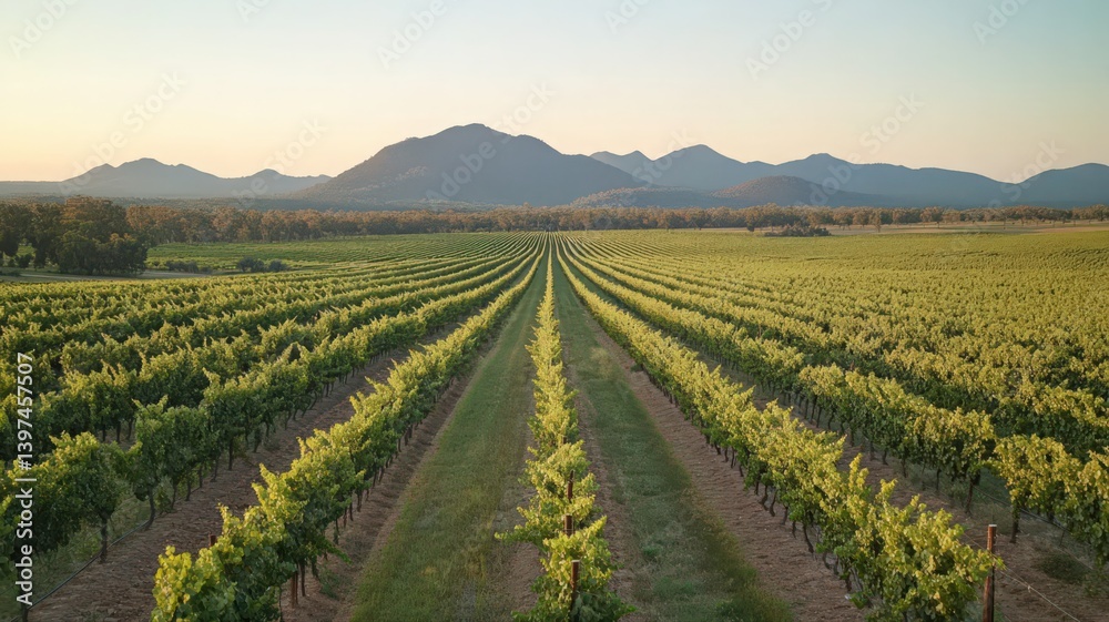 Vast Vineyard Rows at Sunrise with Distant Mountains