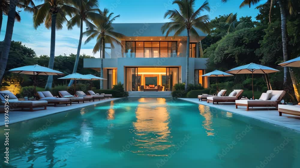 Indulge in a lavish evening spent by the shimmering pool at a stunning tropical resort home