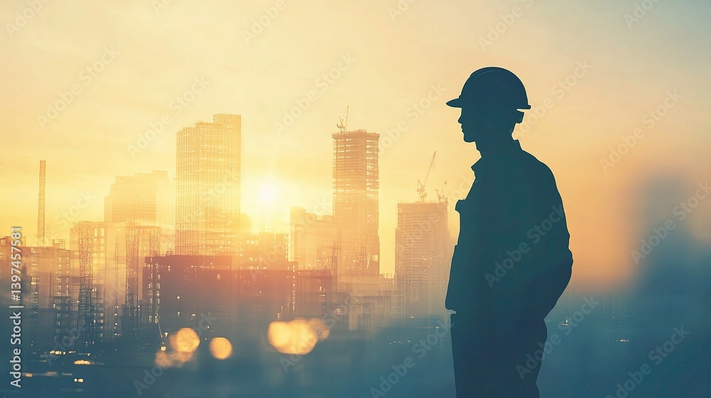 Fototapeta premium Industrial Worker Silhouette Against Urban Skyline at Sunset
