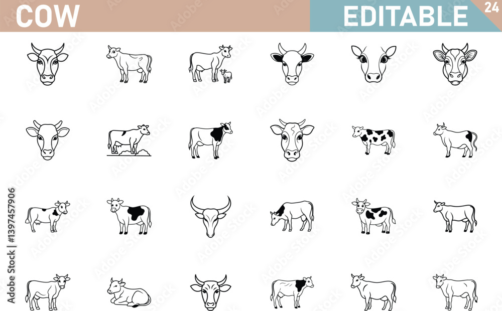 Cow Illustration Vector Set Black And White Line Art Collection Editable Farm Animals Cow Illustration Vector Set Black And White Line Art Collection Editable Farm Animals