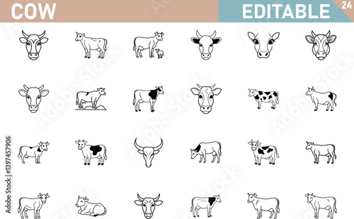 Cow Illustration Vector Set Black And White Line Art Collection Editable Farm Animals