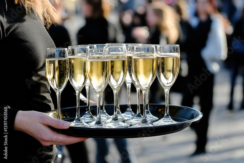 Golden Champagne Glasses on Tray Held by Person in Black Shirt at Event Party Scene, Low Angle View