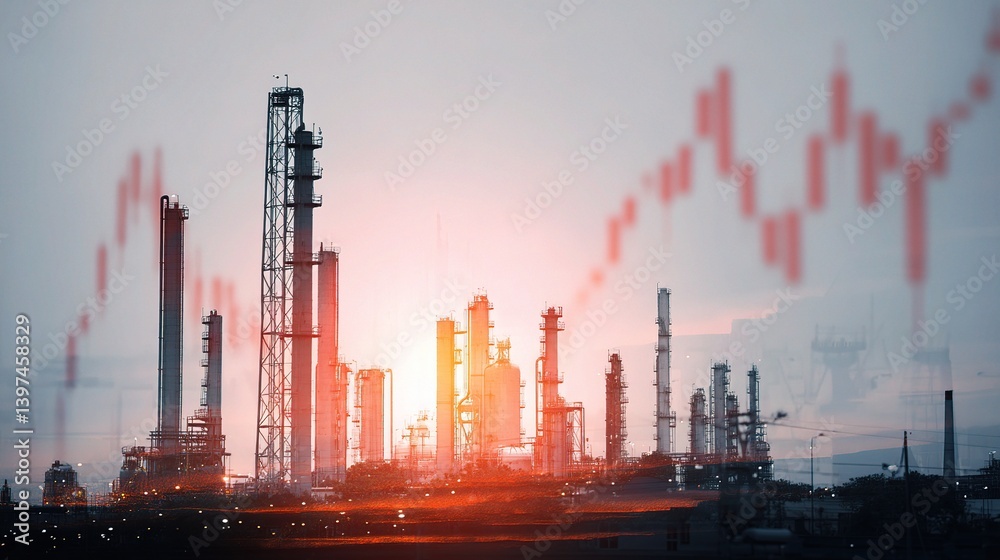 Obraz premium Double Exposure Art of Oil Refinery with Financial Graphics Overlay