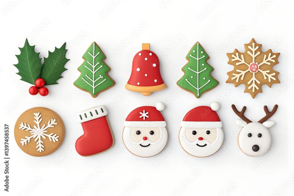 Minimal 3D Christmas icons arranged in a row, including holly leaves, a bell, Christmas trees, red stockings, Santa hat, snowman, snowflakes, gingerbread man, reindeer face, and Santa. Minimal 3D Christmas icons arranged in a row, including holly leaves, a bell, Christmas trees, red stockings, Santa hat, snowman, snowflakes, gingerbread man, reindeer face, and Santa.