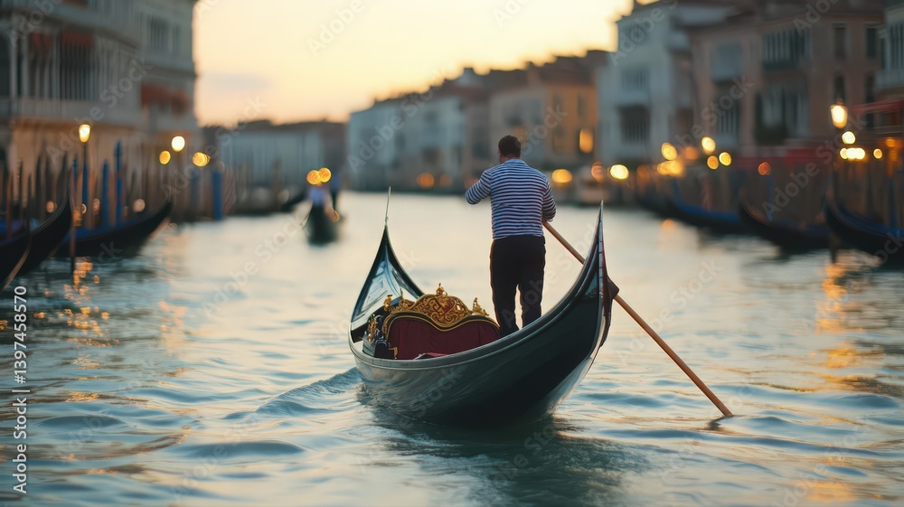 Venetian Gondolier Navigates Calm Canal Under Warm Evening Sky with Classic Italian Buildings and Reflections on Water in Venice Italy