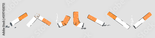 Set of vector illustrations depicting the cigarette symbol, addiction, and its impact on health, designed in minimalist line art for wellness and disease prevention