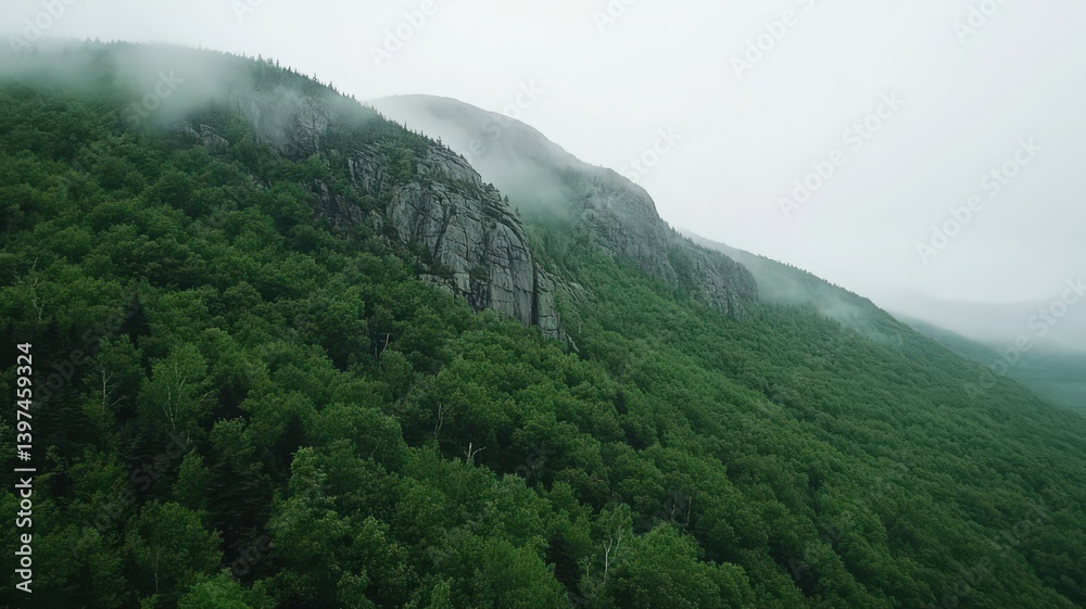 Verdant Mountain Slope with Thick Forest and Enshrouded in Mist Under an Overcast Sky Featuring Rugged Terrain and Rocky Outcrops in a Natural Landscape