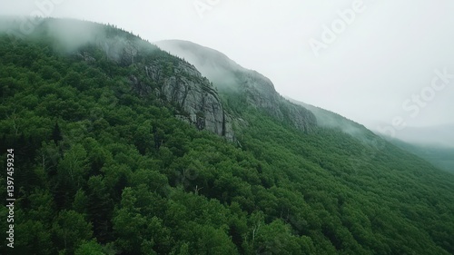 Obraz na płótnie Verdant Mountain Slope with Thick Forest and Enshrouded in Mist Under an Overcast Sky Featuring Rugged Terrain and Rocky Outcrops in a Natural Landscape w salonie
