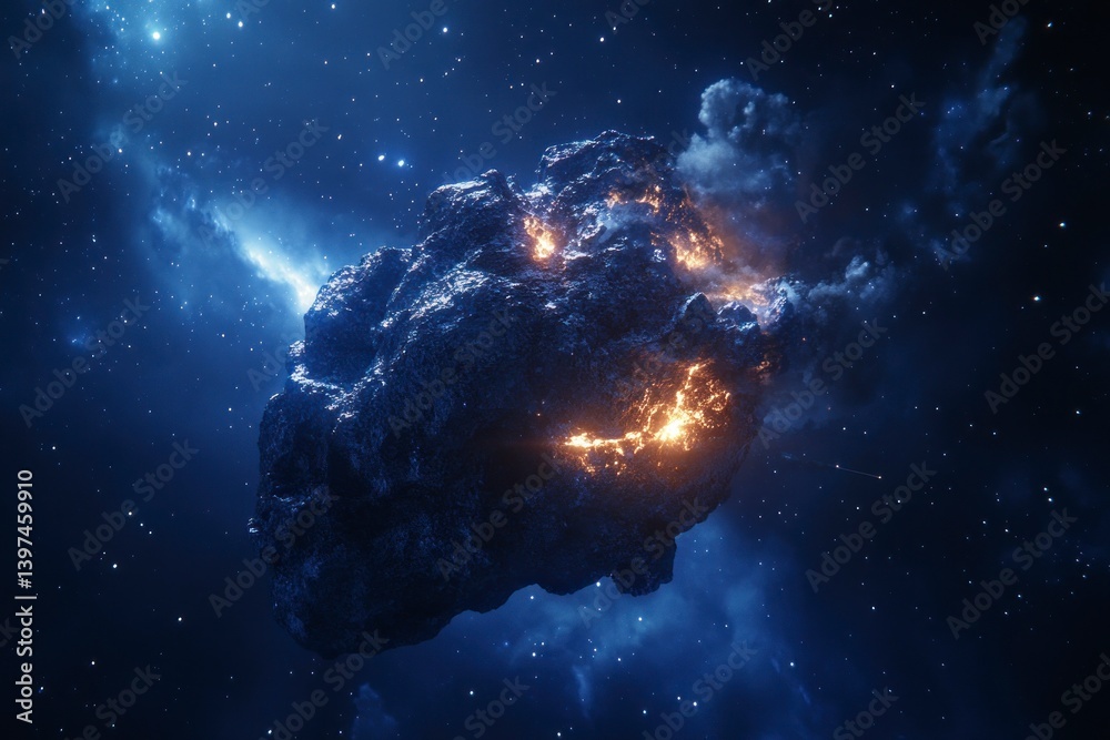 Fototapeta premium Dramatic Asteroid in Deep Space with Glowing Elements and Starry Background