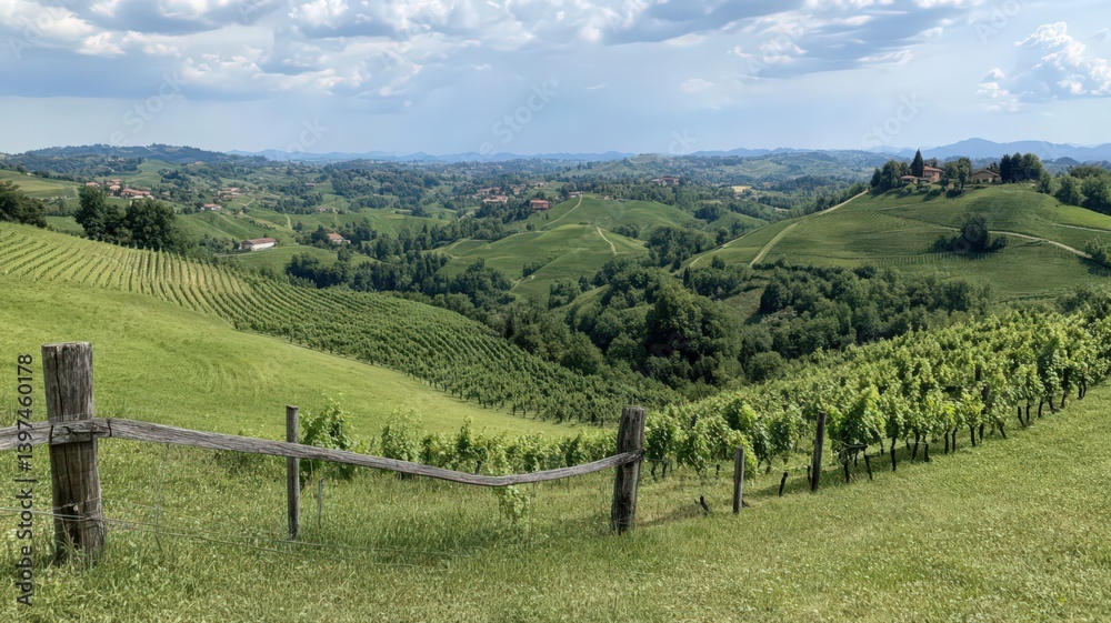Verdant Vineyard Hills Under Cloudy Sky with Weathered Wooden Fence in Foreground Panorama Shot In Daylight