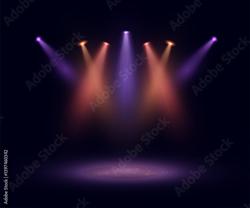 Colorful stage spotlights with soft glow and shadows on dark background. Perfect for concert scenes, party visuals, entertainment banners, or nightclub and theater design elements.