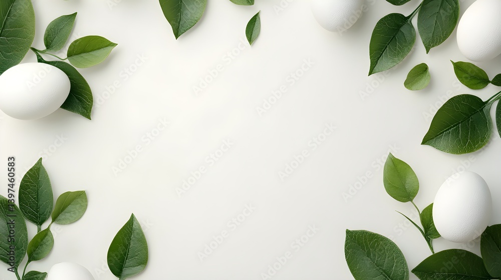 Obraz premium Clean white background with minimal eggs and green leaves for modern look.